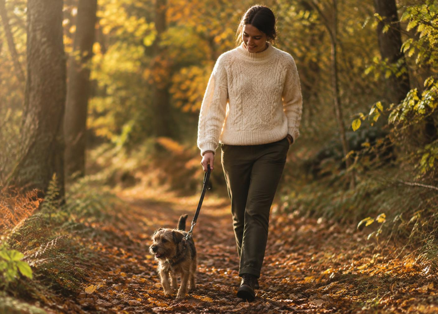 A woman in a cream sweater walking a small terrier along an autumn forest path